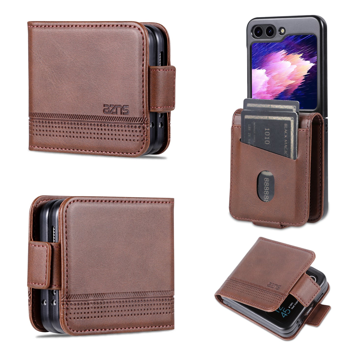 Uniqkart For Samsung Galaxy Z Flip5 5G Leather Phone Case Card Holder Phone Cover - Coffee