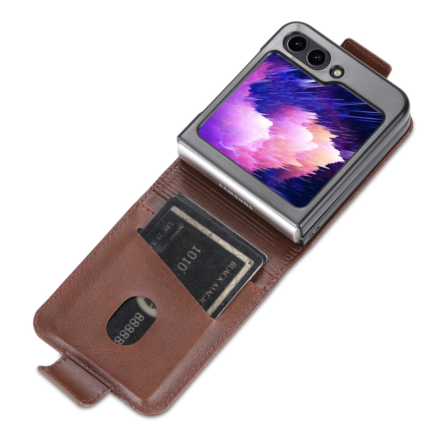 Uniqkart For Samsung Galaxy Z Flip5 5G Leather Phone Case Card Holder Phone Cover - Coffee
