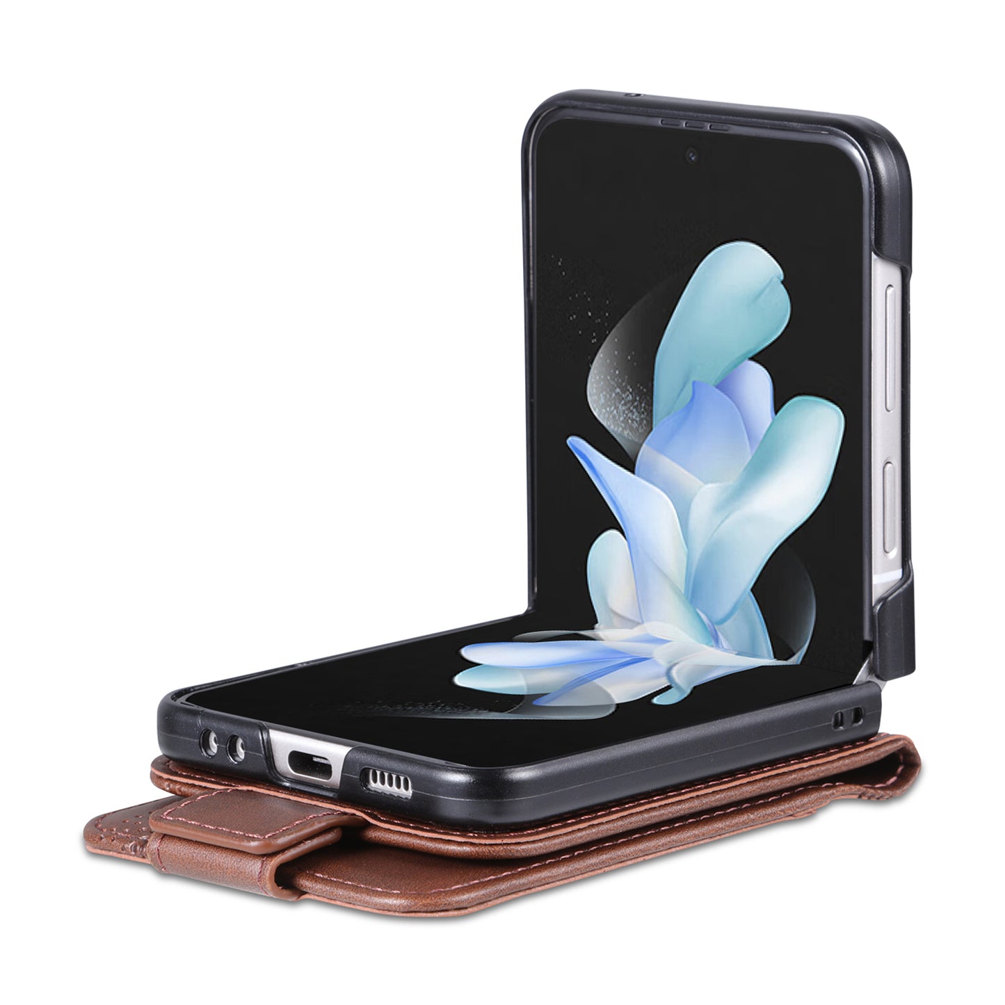 Uniqkart For Samsung Galaxy Z Flip5 5G Leather Phone Case Card Holder Phone Cover - Coffee