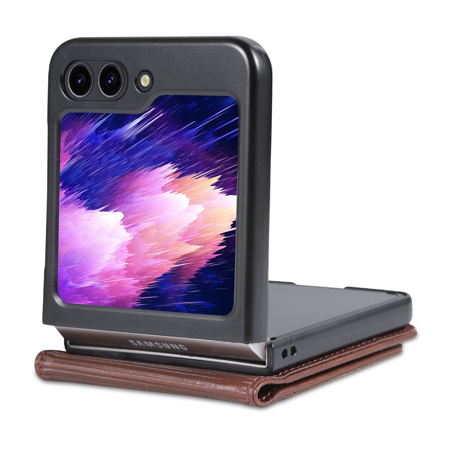 Uniqkart For Samsung Galaxy Z Flip5 5G Leather Phone Case Card Holder Phone Cover - Coffee