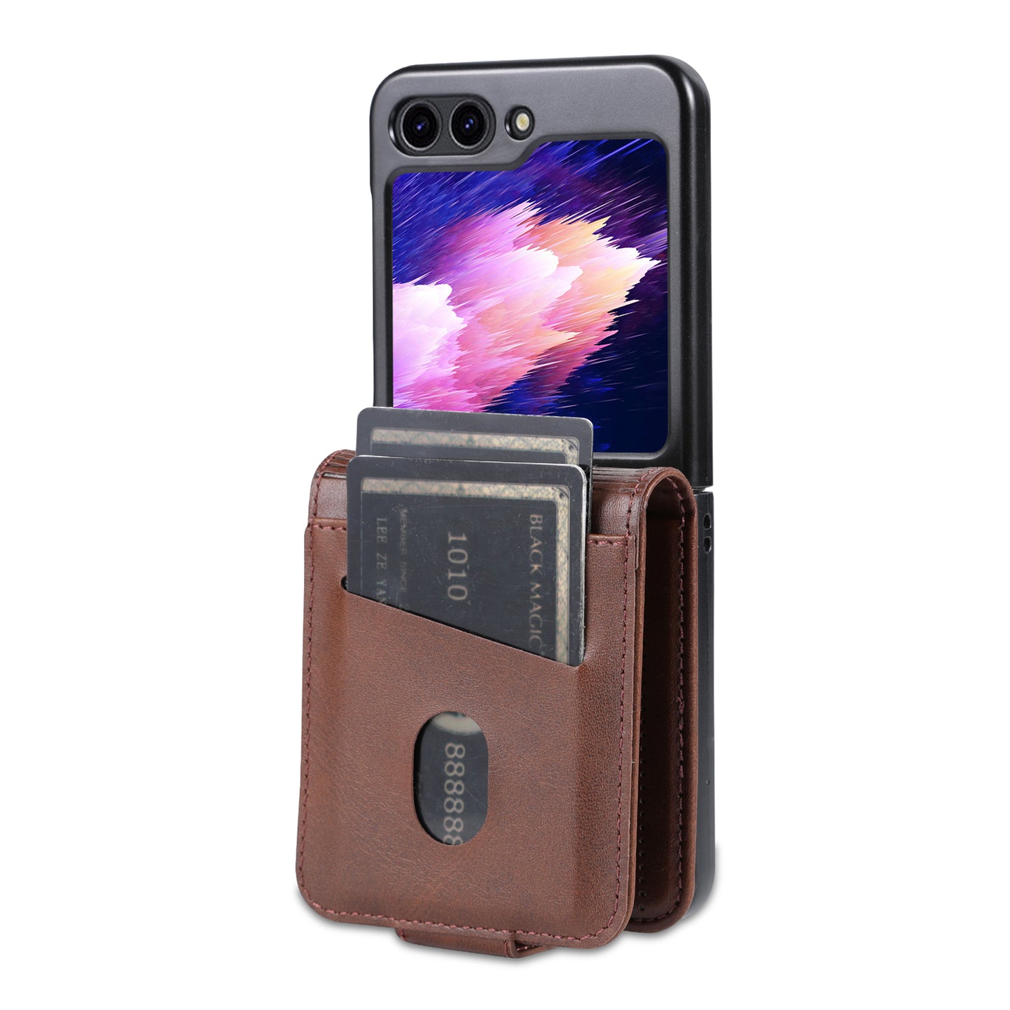 Uniqkart For Samsung Galaxy Z Flip5 5G Leather Phone Case Card Holder Phone Cover - Coffee