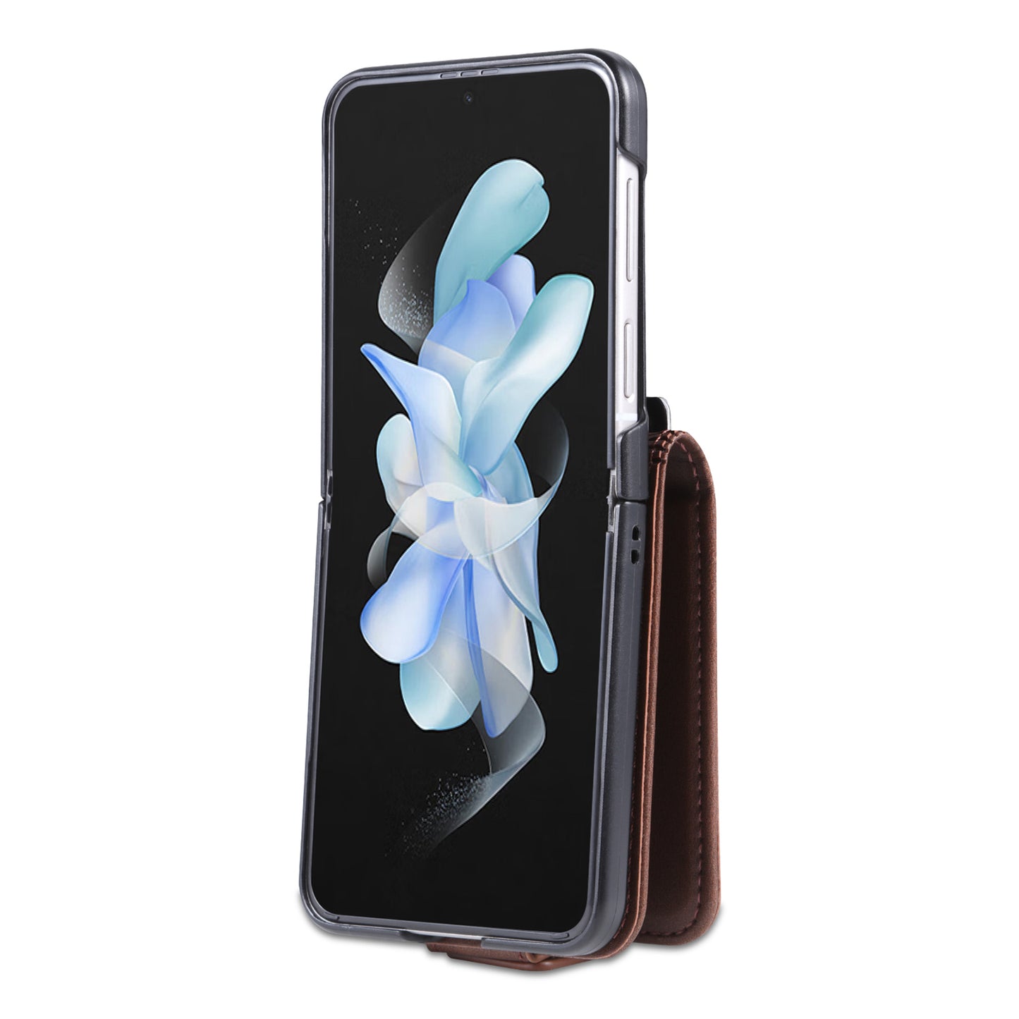 Uniqkart For Samsung Galaxy Z Flip5 5G Leather Phone Case Card Holder Phone Cover - Coffee