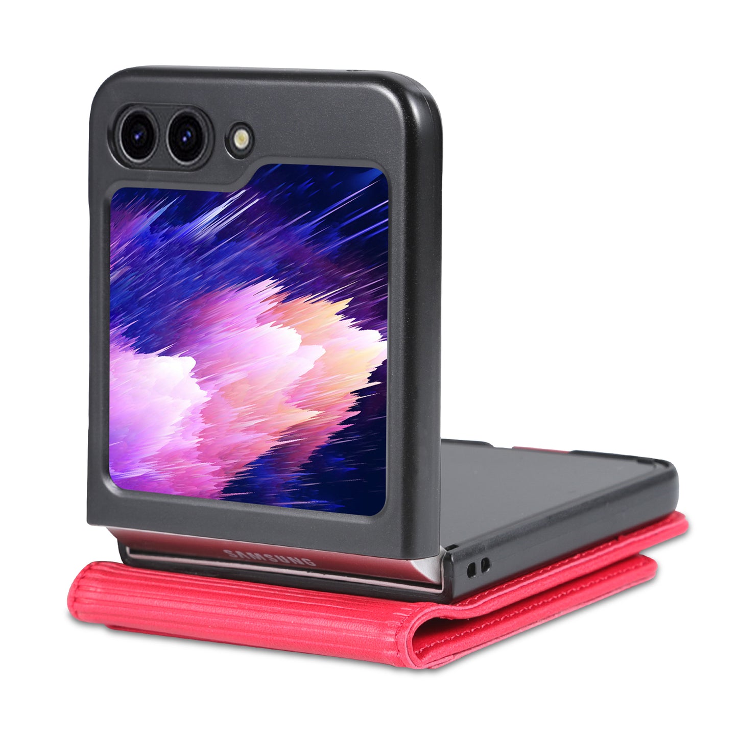 Uniqkart For Samsung Galaxy Z Flip5 5G Leather Phone Case Card Holder Phone Cover - Red