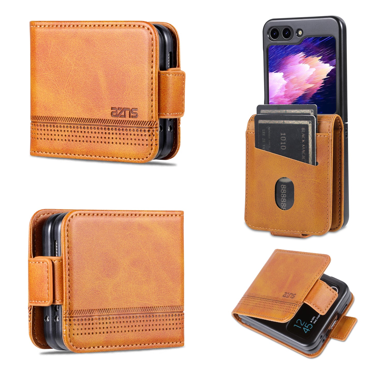 Uniqkart For Samsung Galaxy Z Flip5 5G Leather Phone Case Card Holder Phone Cover - Brown