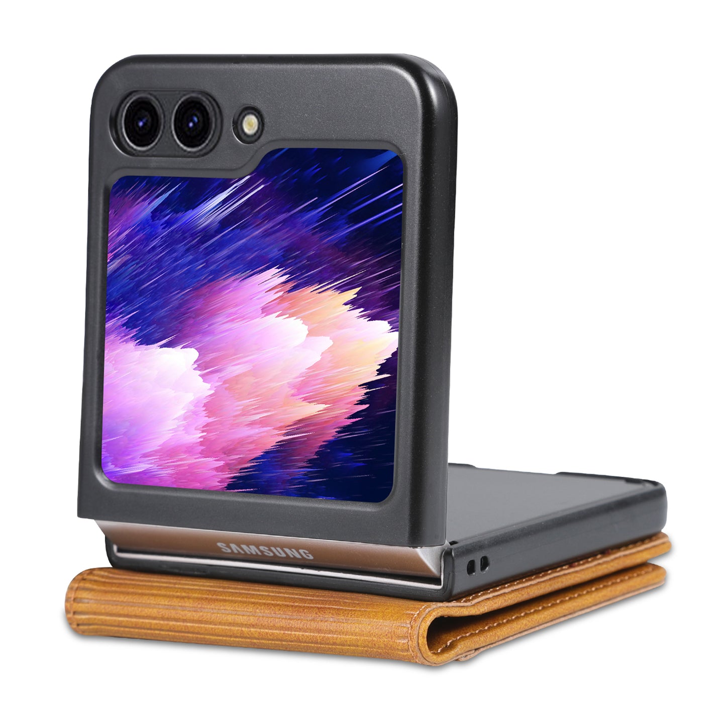 Uniqkart For Samsung Galaxy Z Flip5 5G Leather Phone Case Card Holder Phone Cover - Brown
