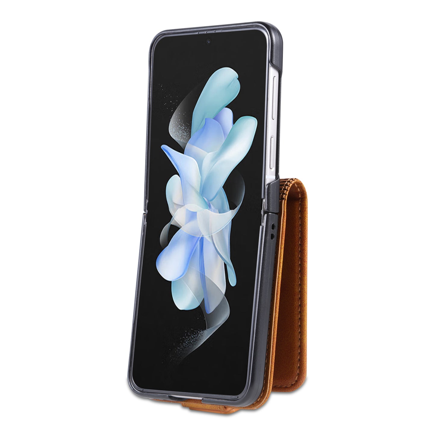 Uniqkart For Samsung Galaxy Z Flip5 5G Leather Phone Case Card Holder Phone Cover - Brown