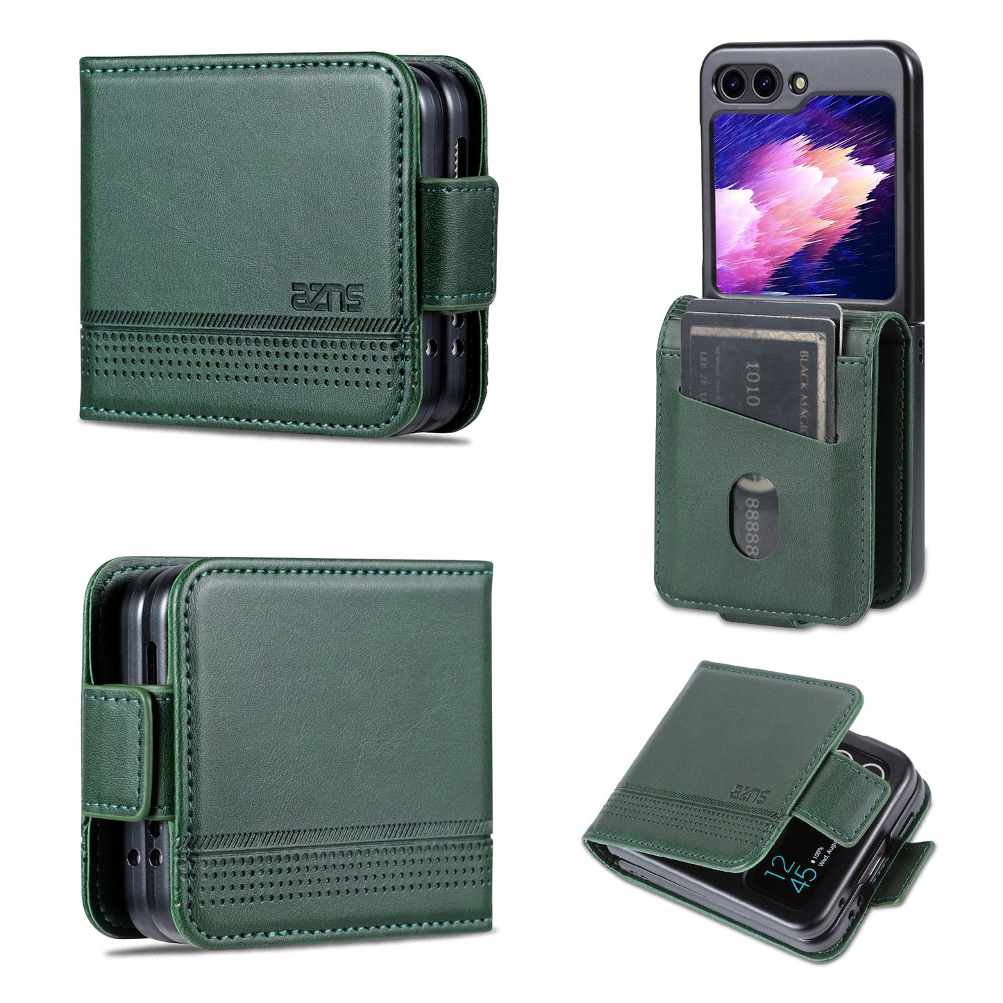 Uniqkart For Samsung Galaxy Z Flip5 5G Leather Phone Case Card Holder Phone Cover - Green