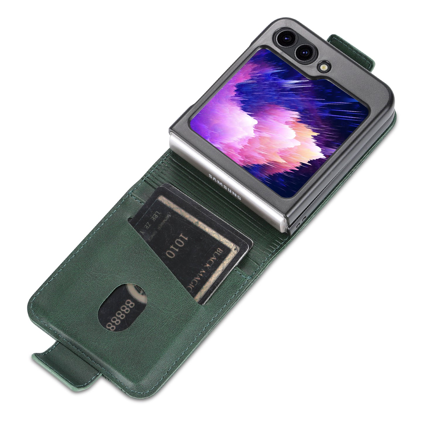 Uniqkart For Samsung Galaxy Z Flip5 5G Leather Phone Case Card Holder Phone Cover - Green