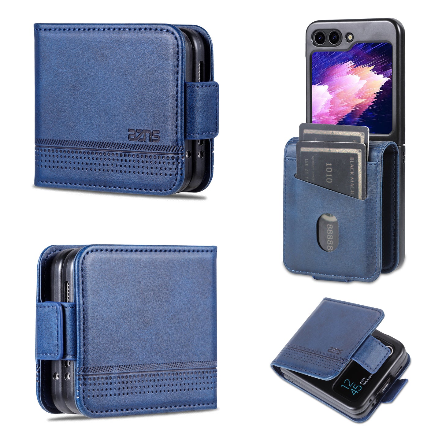 Uniqkart For Samsung Galaxy Z Flip5 5G Leather Phone Case Card Holder Phone Cover - Blue