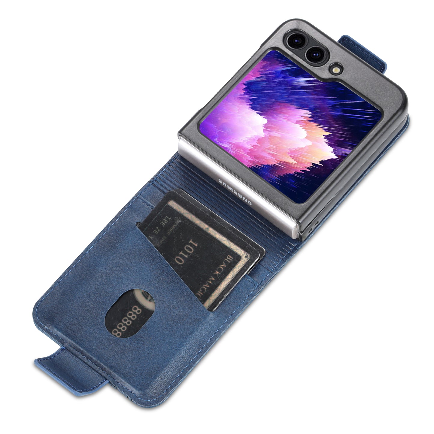 Uniqkart For Samsung Galaxy Z Flip5 5G Leather Phone Case Card Holder Phone Cover - Blue