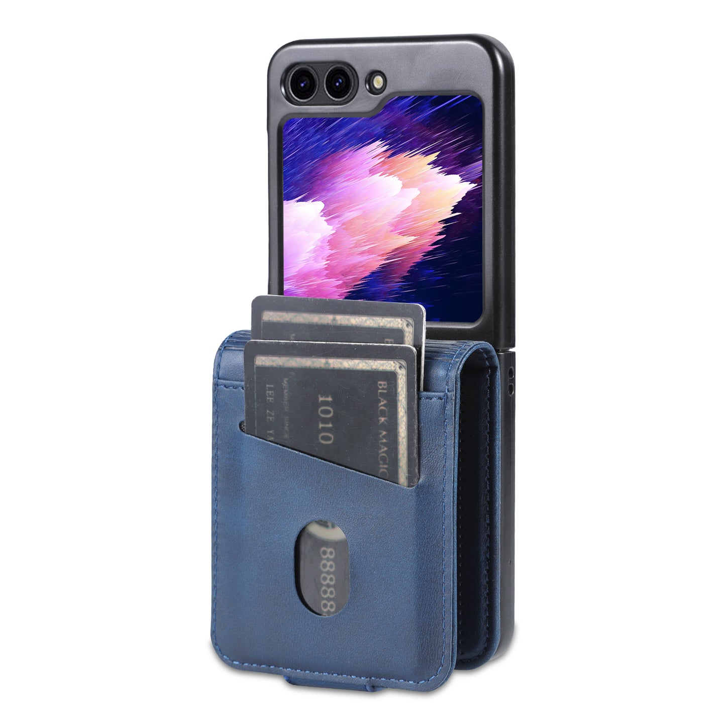 Uniqkart For Samsung Galaxy Z Flip5 5G Leather Phone Case Card Holder Phone Cover - Blue