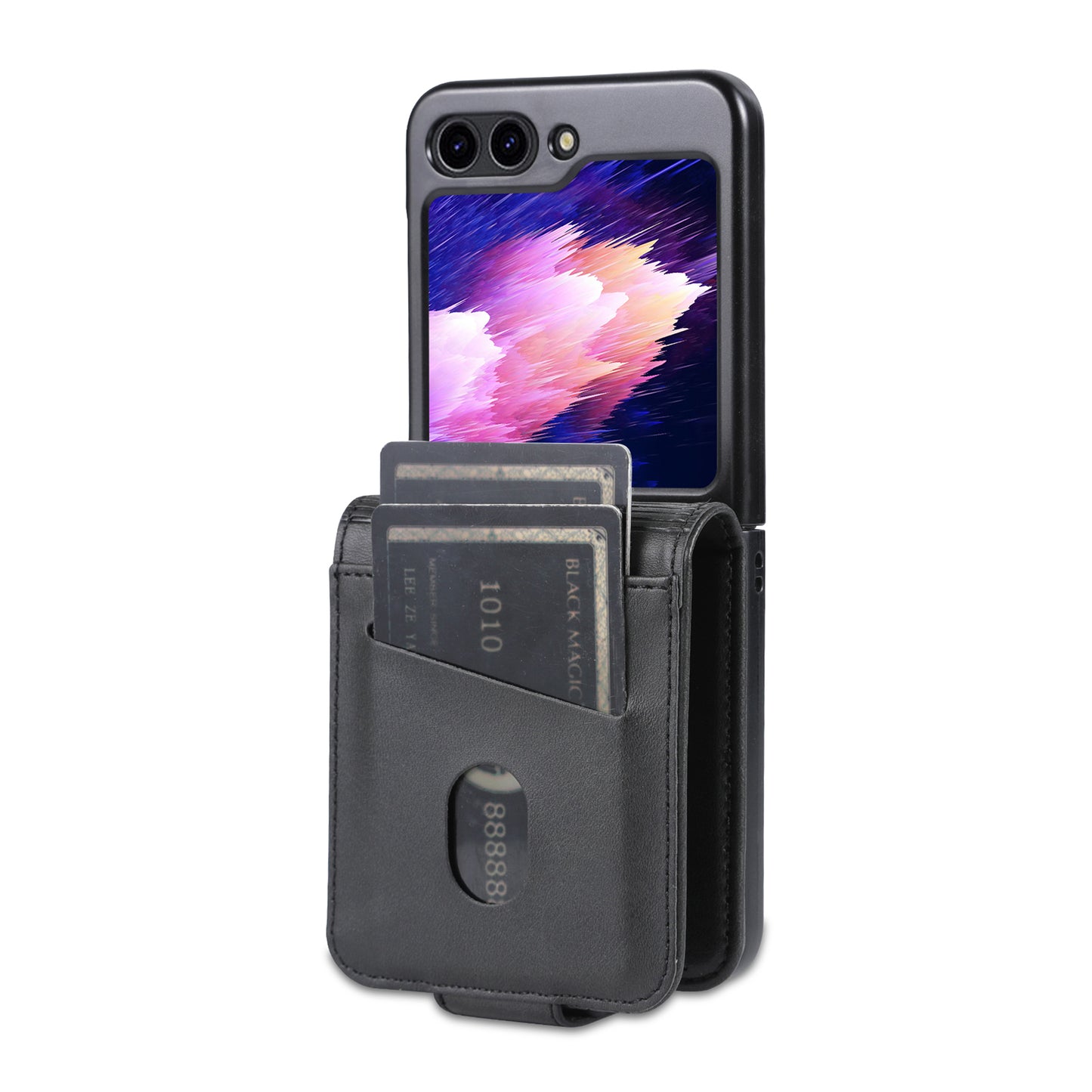 Uniqkart For Samsung Galaxy Z Flip5 5G Leather Phone Case Card Holder Phone Cover - Black