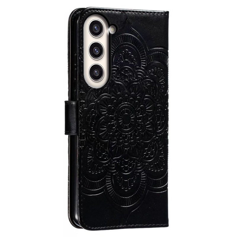 Uniqkart for Samsung Galaxy S23+ Imprinting Mandala Flower Phone Cover Flip PU Leather Stand Protective Case - Black