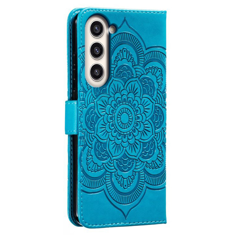 Uniqkart for Samsung Galaxy S23+ Imprinting Mandala Flower Phone Cover Flip PU Leather Stand Protective Case - Blue