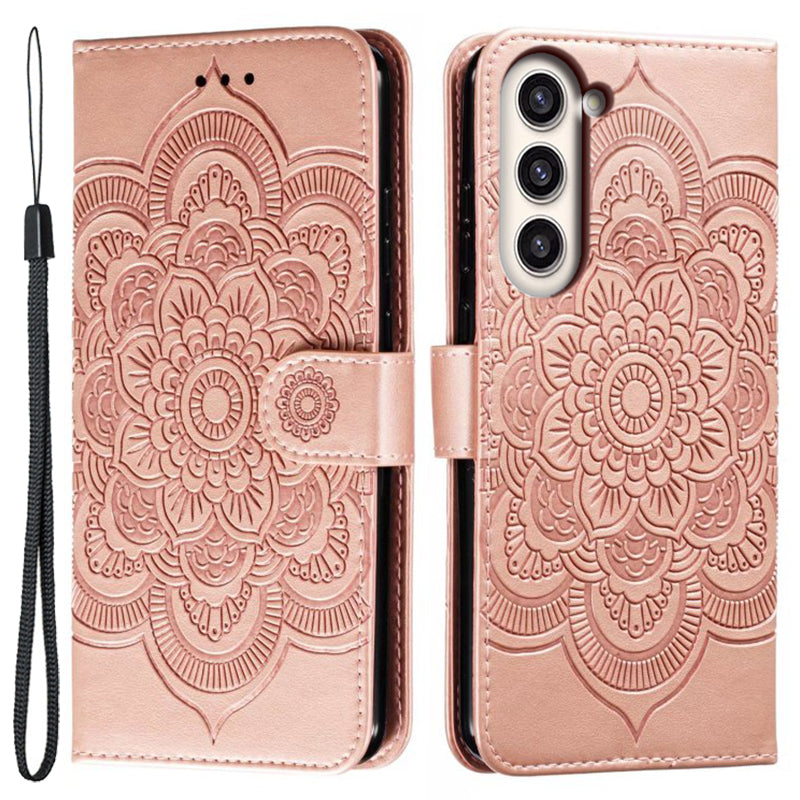 Uniqkart for Samsung Galaxy S23+ Imprinting Mandala Flower Phone Cover Flip PU Leather Stand Protective Case - Rose Gold