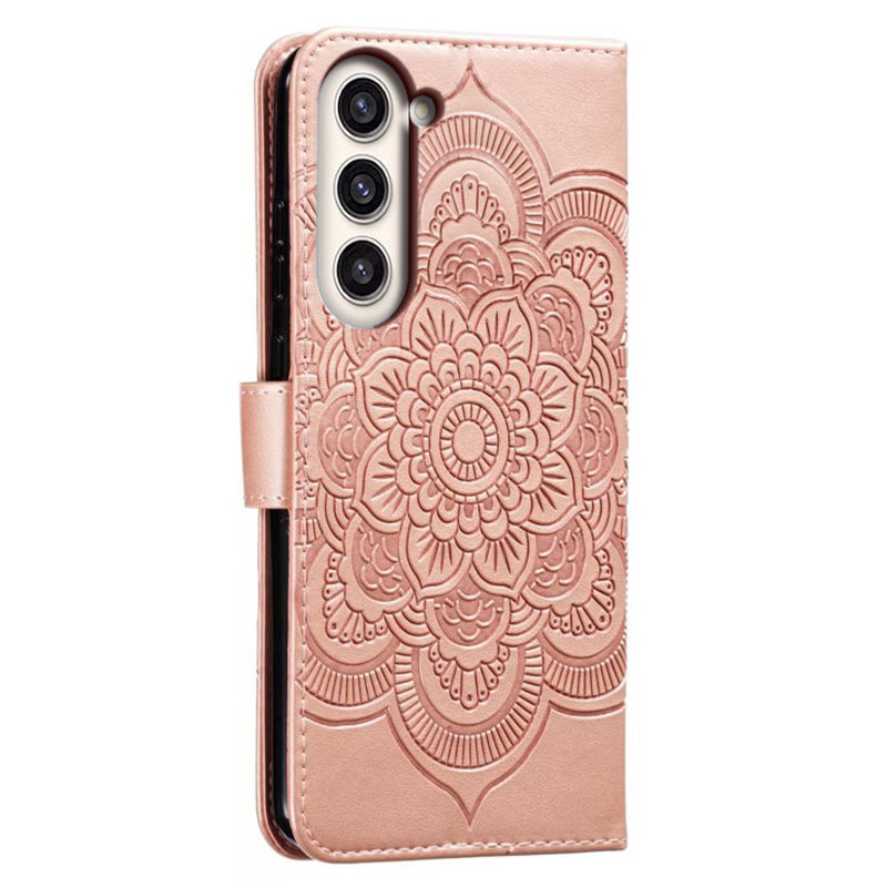 Uniqkart for Samsung Galaxy S23+ Imprinting Mandala Flower Phone Cover Flip PU Leather Stand Protective Case - Rose Gold