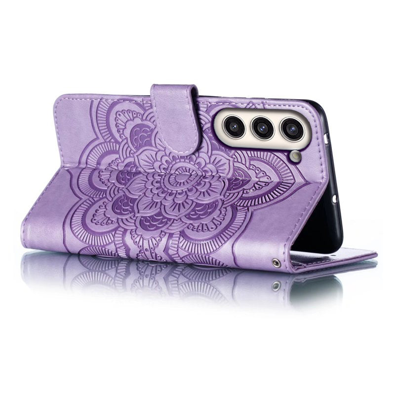 Uniqkart for Samsung Galaxy S23+ Imprinting Mandala Flower Phone Cover Flip PU Leather Stand Protective Case - Purple