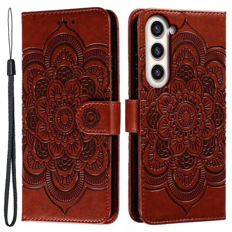 Uniqkart for Samsung Galaxy S23+ Imprinting Mandala Flower Phone Cover Flip PU Leather Stand Protective Case - Brown