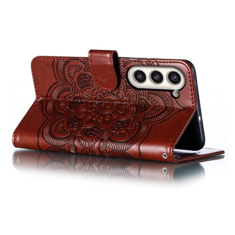 Uniqkart for Samsung Galaxy S23+ Imprinting Mandala Flower Phone Cover Flip PU Leather Stand Protective Case - Brown