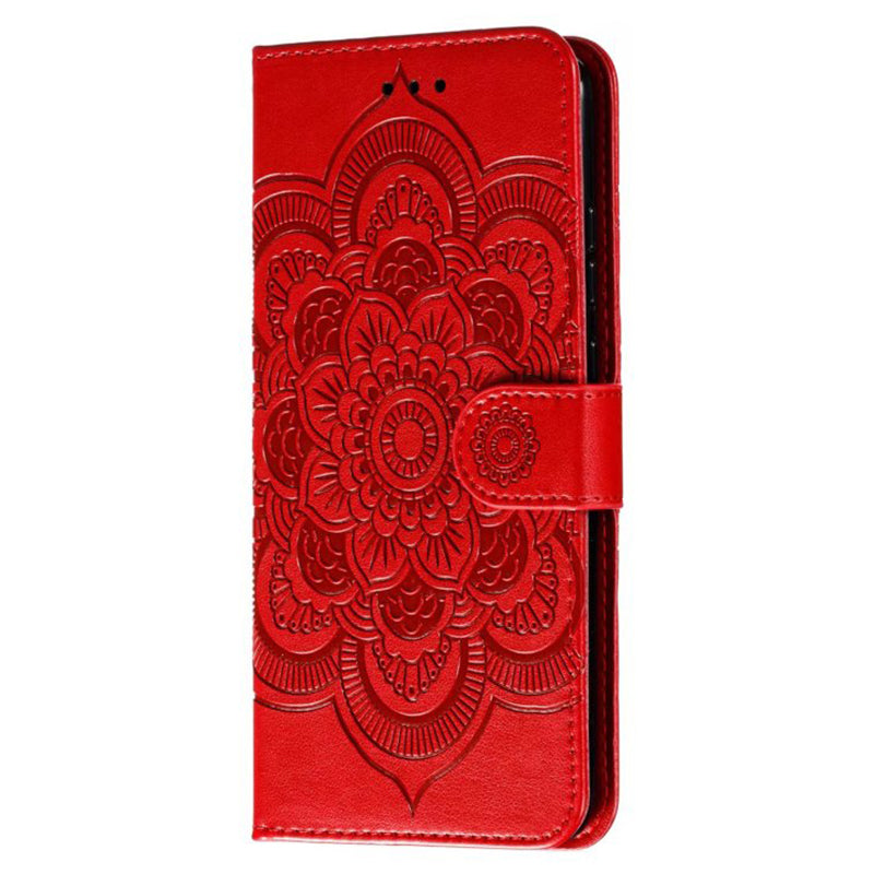 Uniqkart for Samsung Galaxy S23+ Imprinting Mandala Flower Phone Cover Flip PU Leather Stand Protective Case - Red