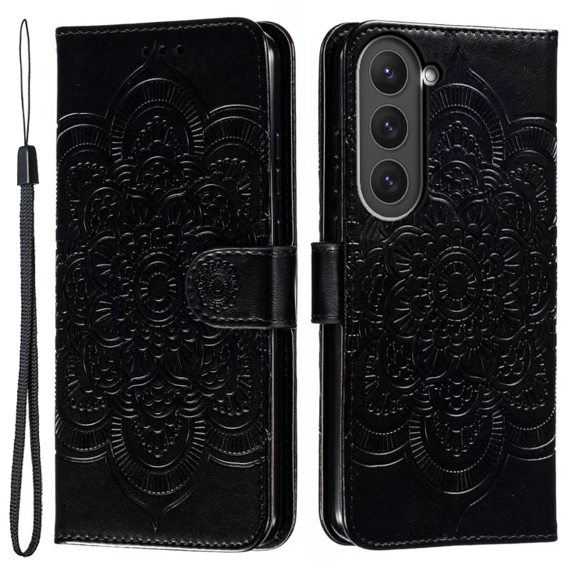 Uniqkart for Samsung Galaxy S23 PU Leather+TPU Phone Cover Imprinting Mandala Flower Flip Stand Cell Phone Case - Black