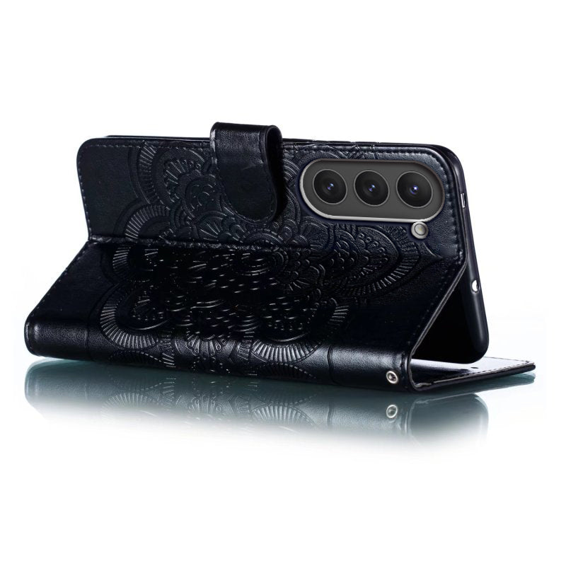 Uniqkart for Samsung Galaxy S23 PU Leather+TPU Phone Cover Imprinting Mandala Flower Flip Stand Cell Phone Case - Black