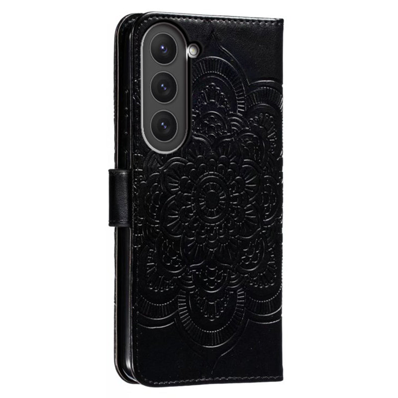 Uniqkart for Samsung Galaxy S23 PU Leather+TPU Phone Cover Imprinting Mandala Flower Flip Stand Cell Phone Case - Black