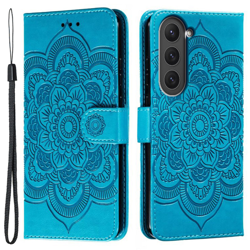 Uniqkart for Samsung Galaxy S23 PU Leather+TPU Phone Cover Imprinting Mandala Flower Flip Stand Cell Phone Case - Blue