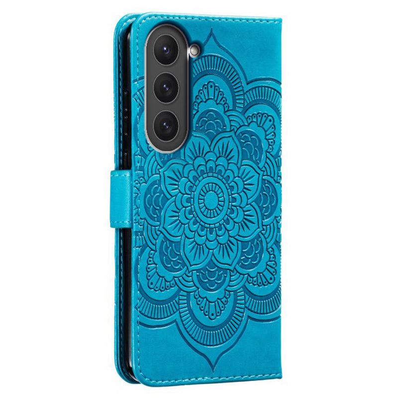 Uniqkart for Samsung Galaxy S23 PU Leather+TPU Phone Cover Imprinting Mandala Flower Flip Stand Cell Phone Case - Blue