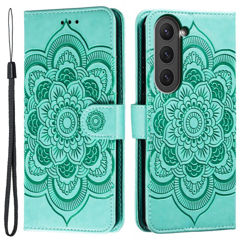 Uniqkart for Samsung Galaxy S23 PU Leather+TPU Phone Cover Imprinting Mandala Flower Flip Stand Cell Phone Case - Green