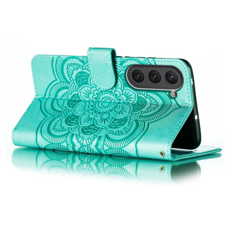 Uniqkart for Samsung Galaxy S23 PU Leather+TPU Phone Cover Imprinting Mandala Flower Flip Stand Cell Phone Case - Green