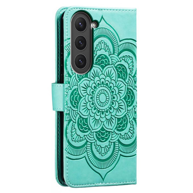 Uniqkart for Samsung Galaxy S23 PU Leather+TPU Phone Cover Imprinting Mandala Flower Flip Stand Cell Phone Case - Green