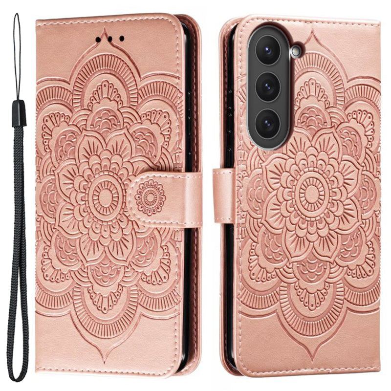 Uniqkart for Samsung Galaxy S23 PU Leather+TPU Phone Cover Imprinting Mandala Flower Flip Stand Cell Phone Case - Rose Gold