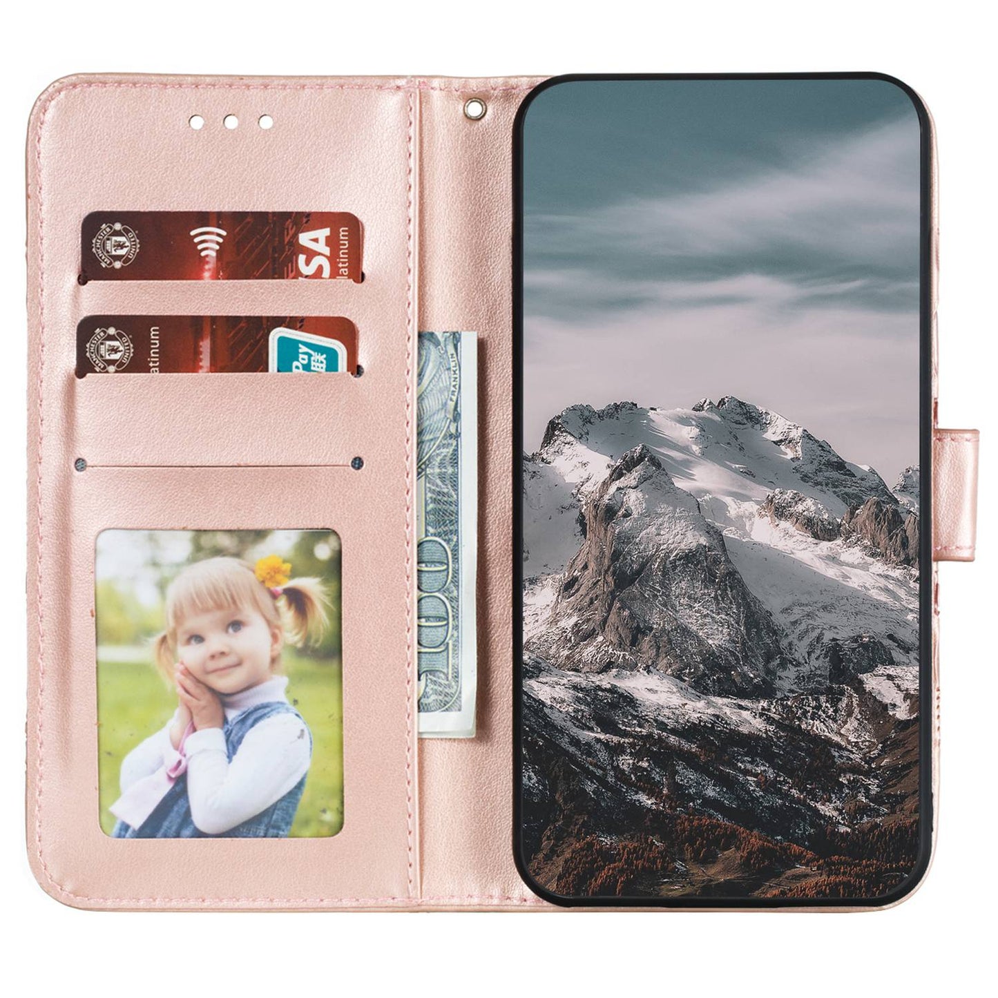 Uniqkart for Samsung Galaxy S23 PU Leather+TPU Phone Cover Imprinting Mandala Flower Flip Stand Cell Phone Case - Rose Gold