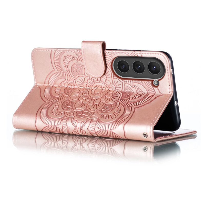 Uniqkart for Samsung Galaxy S23 PU Leather+TPU Phone Cover Imprinting Mandala Flower Flip Stand Cell Phone Case - Rose Gold