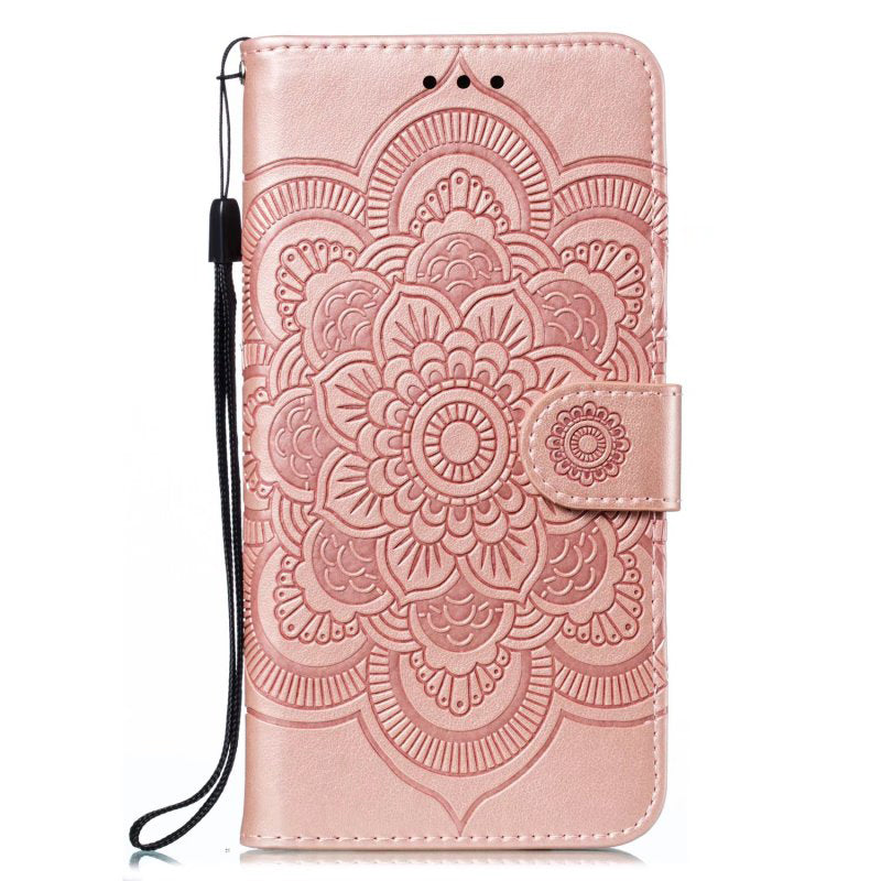 Uniqkart for Samsung Galaxy S23 PU Leather+TPU Phone Cover Imprinting Mandala Flower Flip Stand Cell Phone Case - Rose Gold