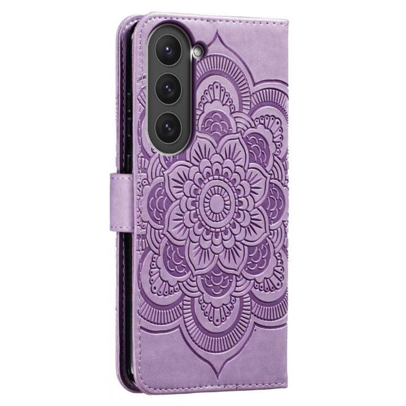 Uniqkart for Samsung Galaxy S23 PU Leather+TPU Phone Cover Imprinting Mandala Flower Flip Stand Cell Phone Case - Purple