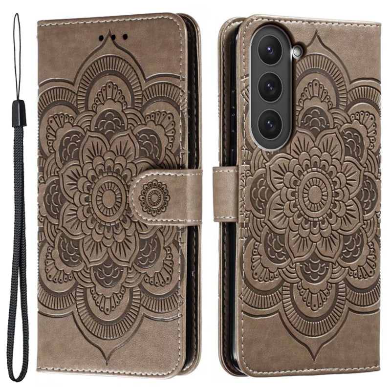 Uniqkart for Samsung Galaxy S23 PU Leather+TPU Phone Cover Imprinting Mandala Flower Flip Stand Cell Phone Case - Grey