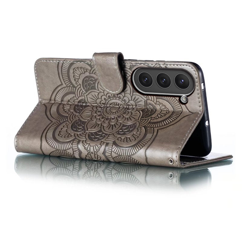 Uniqkart for Samsung Galaxy S23 PU Leather+TPU Phone Cover Imprinting Mandala Flower Flip Stand Cell Phone Case - Grey