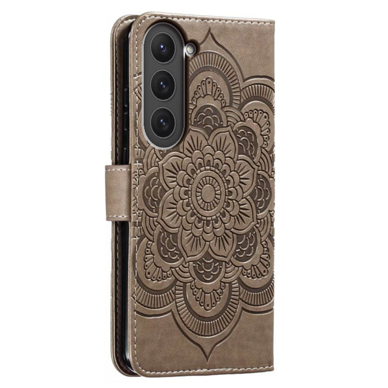 Uniqkart for Samsung Galaxy S23 PU Leather+TPU Phone Cover Imprinting Mandala Flower Flip Stand Cell Phone Case - Grey