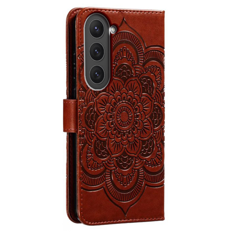 Uniqkart for Samsung Galaxy S23 PU Leather+TPU Phone Cover Imprinting Mandala Flower Flip Stand Cell Phone Case - Brown