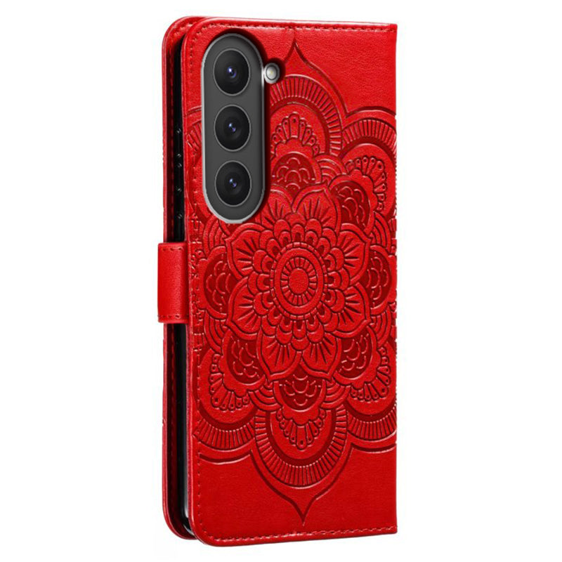 Uniqkart for Samsung Galaxy S23 PU Leather+TPU Phone Cover Imprinting Mandala Flower Flip Stand Cell Phone Case - Red