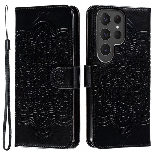 Phone Shell Case For Samsung Galaxy S23 Ultra , Imprinting Mandala Flower Flip PU Leather Stand Protective Cover - Black