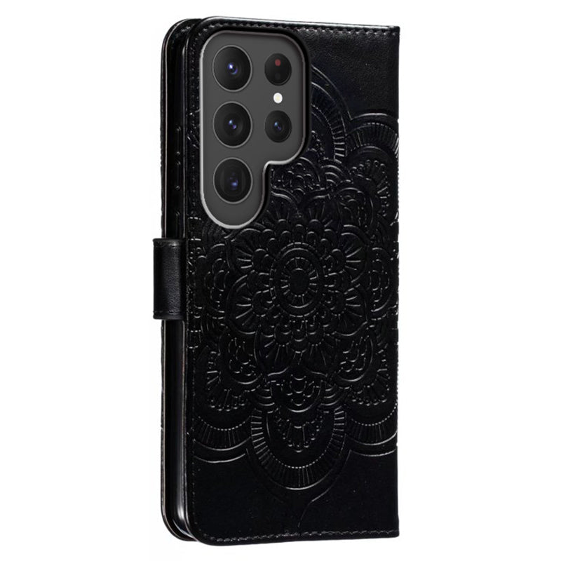 Phone Shell Case For Samsung Galaxy S23 Ultra , Imprinting Mandala Flower Flip PU Leather Stand Protective Cover - Black