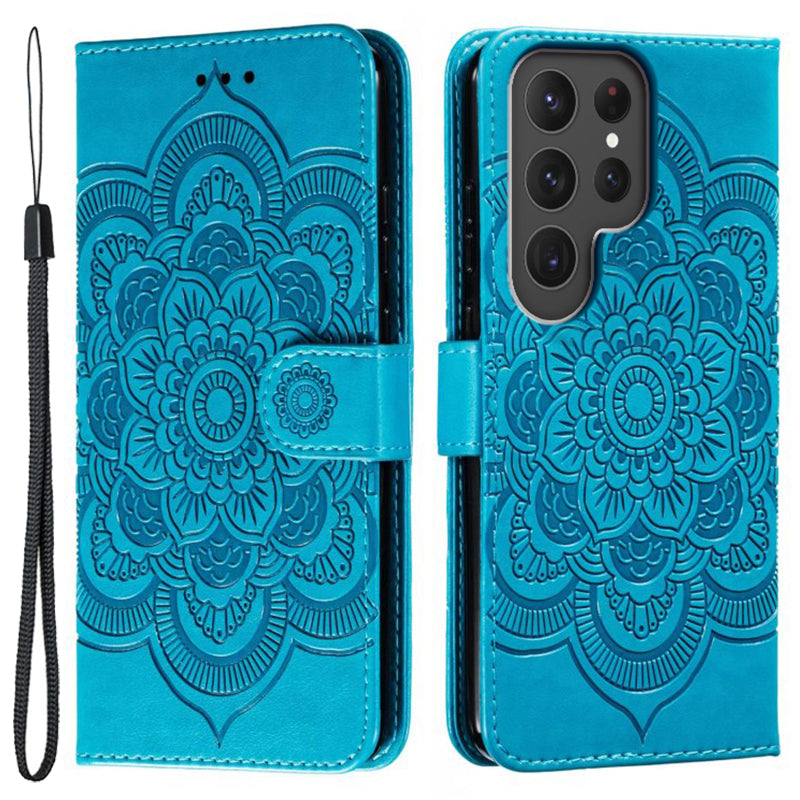 Phone Shell Case For Samsung Galaxy S23 Ultra , Imprinting Mandala Flower Flip PU Leather Stand Protective Cover - Blue