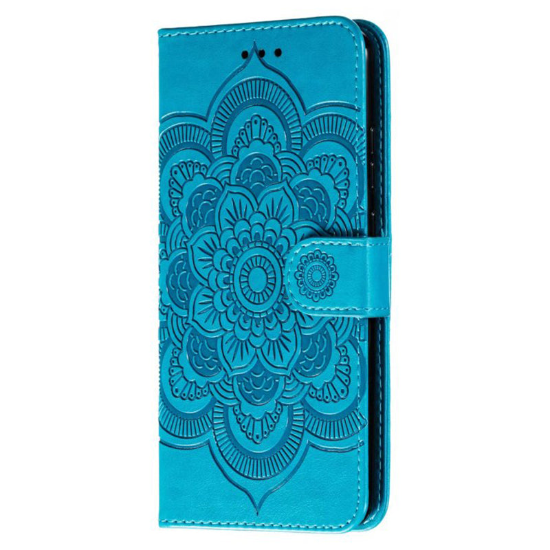 Phone Shell Case For Samsung Galaxy S23 Ultra , Imprinting Mandala Flower Flip PU Leather Stand Protective Cover - Blue