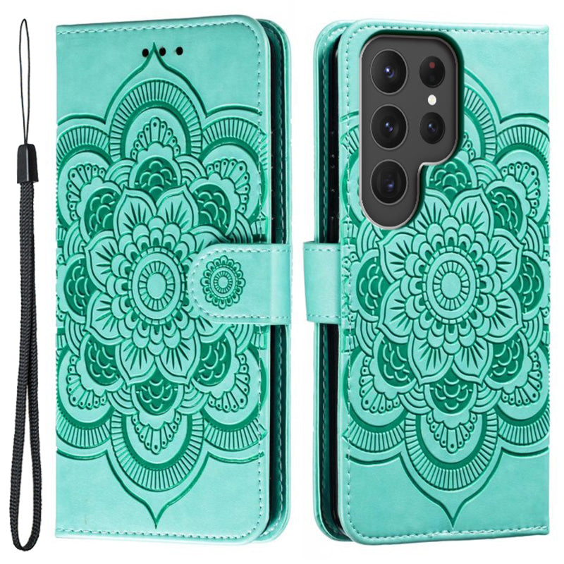 Phone Shell Case For Samsung Galaxy S23 Ultra , Imprinting Mandala Flower Flip PU Leather Stand Protective Cover - Green