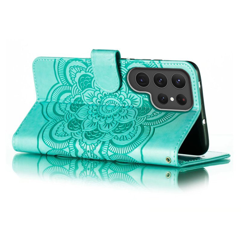 Phone Shell Case For Samsung Galaxy S23 Ultra , Imprinting Mandala Flower Flip PU Leather Stand Protective Cover - Green