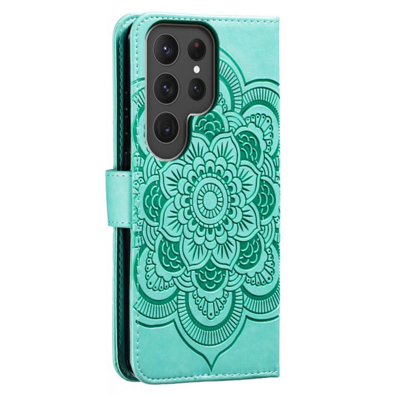 Phone Shell Case For Samsung Galaxy S23 Ultra , Imprinting Mandala Flower Flip PU Leather Stand Protective Cover - Green