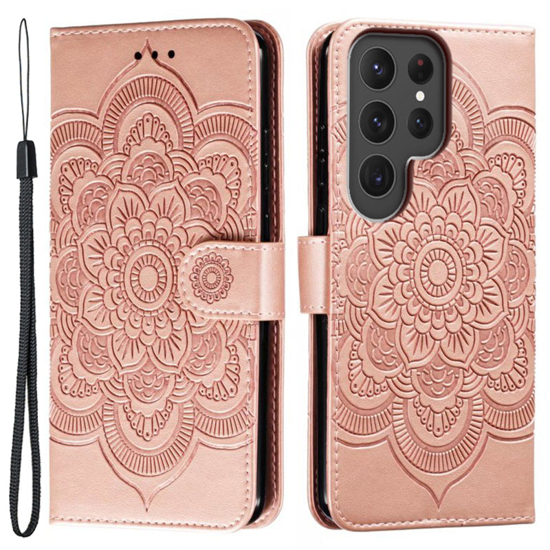 Phone Shell Case For Samsung Galaxy S23 Ultra , Imprinting Mandala Flower Flip PU Leather Stand Protective Cover - Rose Gold